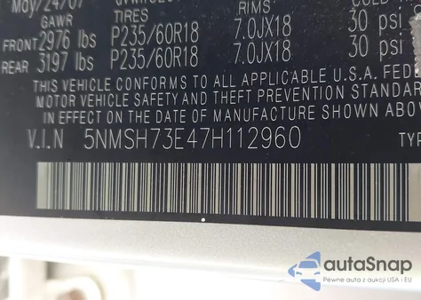 2007 Hyundai Santa Fe Limited/Se from USA, damaged, VIN 5NMSH73E47H112960